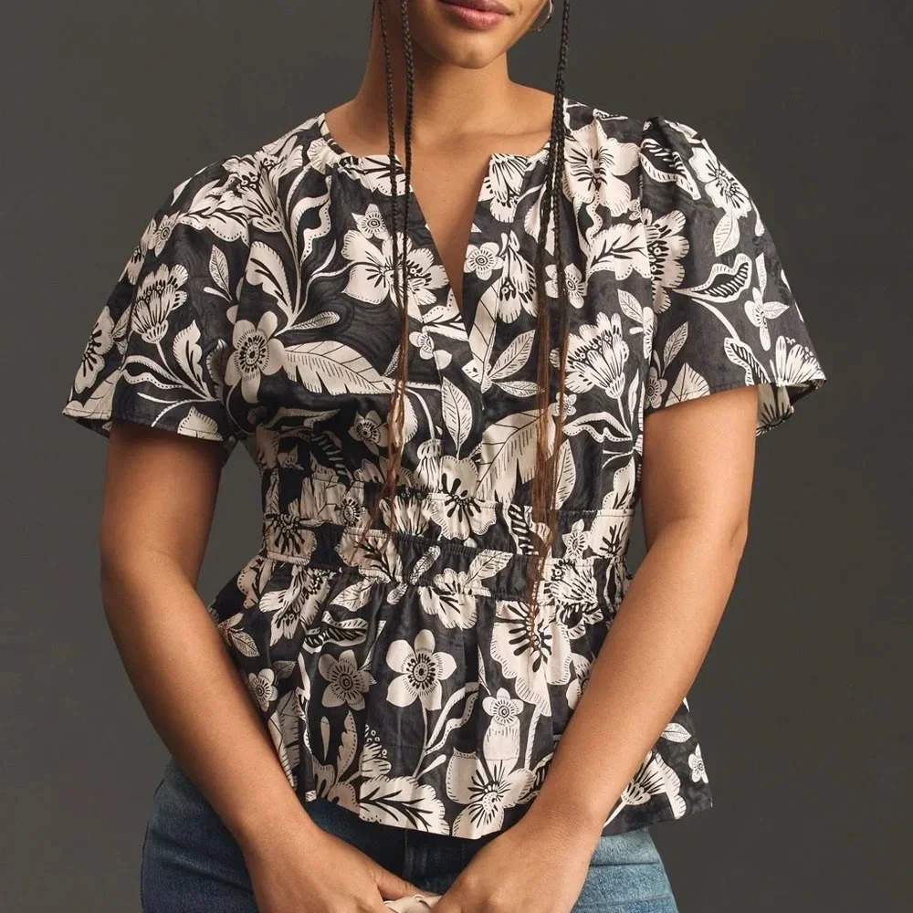 Anthropologie The Somerset Blouse Black & White Floral V-Neck Puff Sleeve Peplum - Picture 6 of 11